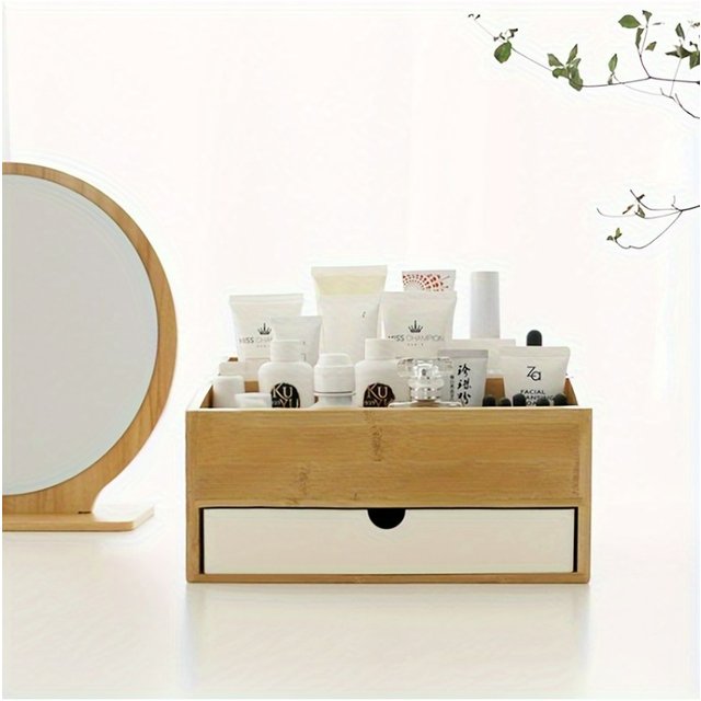 Bamboo Makeup Organizer with Drawers - 3-Tier Multi-Compartment Jewelry & Cosmetic Storage Box, Natural Wood Vanity Organizer