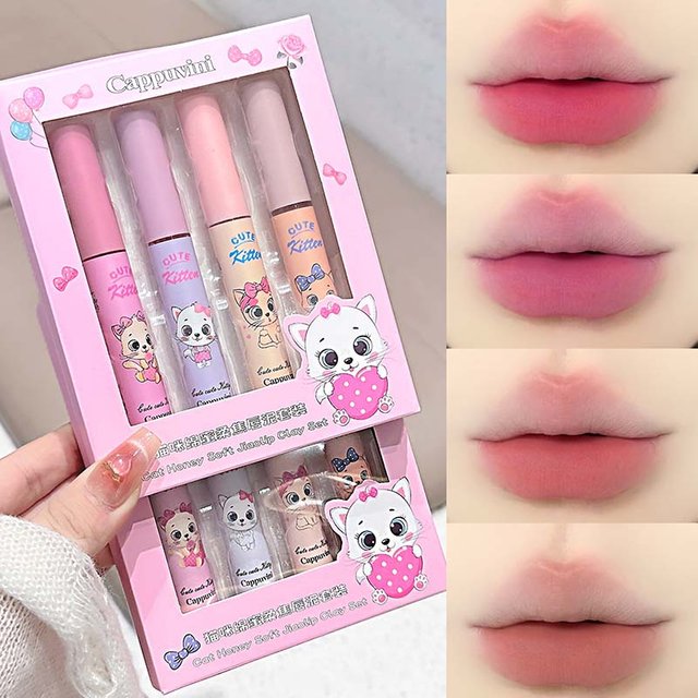 4-Pack Pink Cat Mist Lip Mud Set Nude Matte Lip Makeup Silky Texture Easy to Color Lip Glaze Lipstick