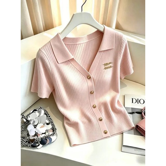 Summer New Small Perfume V-neck Short Knitwear Knit Cardigan Short Sleeve Outer Wear Design Thin Women Single-breasted Tops Chic