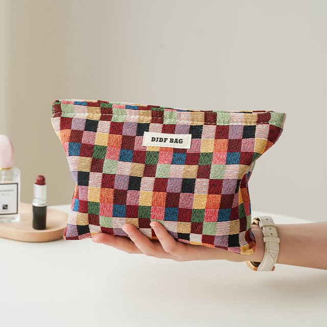 Colorful Checkered Women's Makeup Bag Large Capacity Makeup Lipstick Storage Bag Portable Travel Toiletry Bag Commuter Clutch