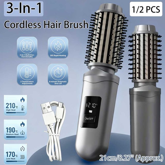 Brosse Lissante Ionique Sans Fil - Lisseur Boucleur Portable Rechargeable par USB 3 en 1 Anti-Dégâts Brosse Chauffante Ronde Soin des Cheveux