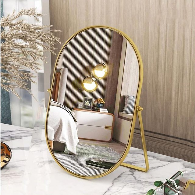 Vanity Makeup Mirror with 90°Adjustable Rotation, Oval Golden Metal Framed Standing Table Mirror for Bedroom Bathroom