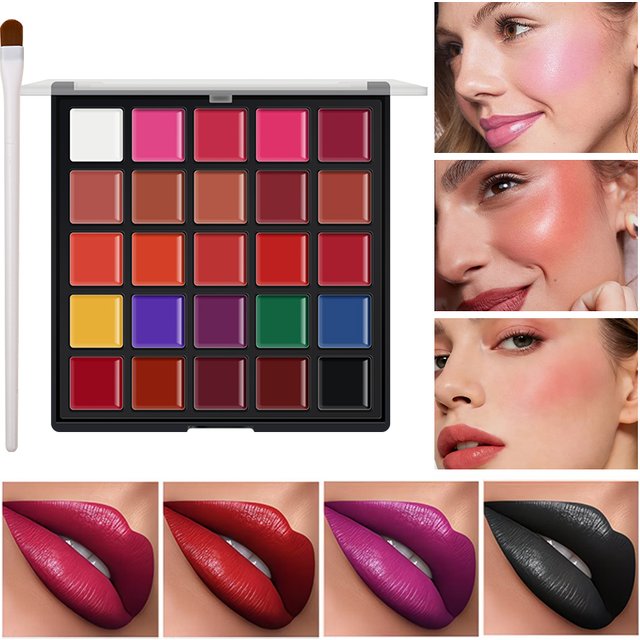 25 Colors Cream Lip Face Makeup Palette with Brush Multi‑Functional Lipstick Blush Cream Palette for Lips Cheeks Cosplay Party