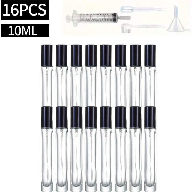 Bouteilles de parfum cylindriques en verre épais transparent 16x0.34 oz/10 ml, flacons de pulvérisation à pression, Mini parfum rechargeable Portable
