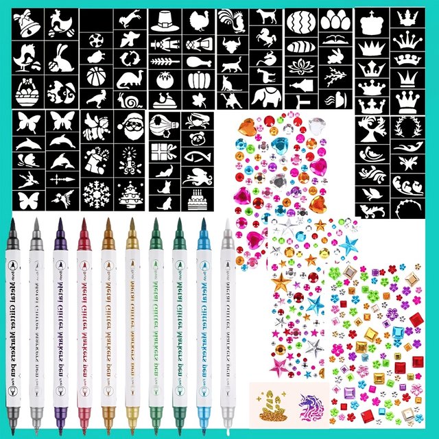 10 Color Body Paint Markers with 3 Jewelry Stickers and 10 Tattoo Stencils for Halloween Cosplay Festival Makeup