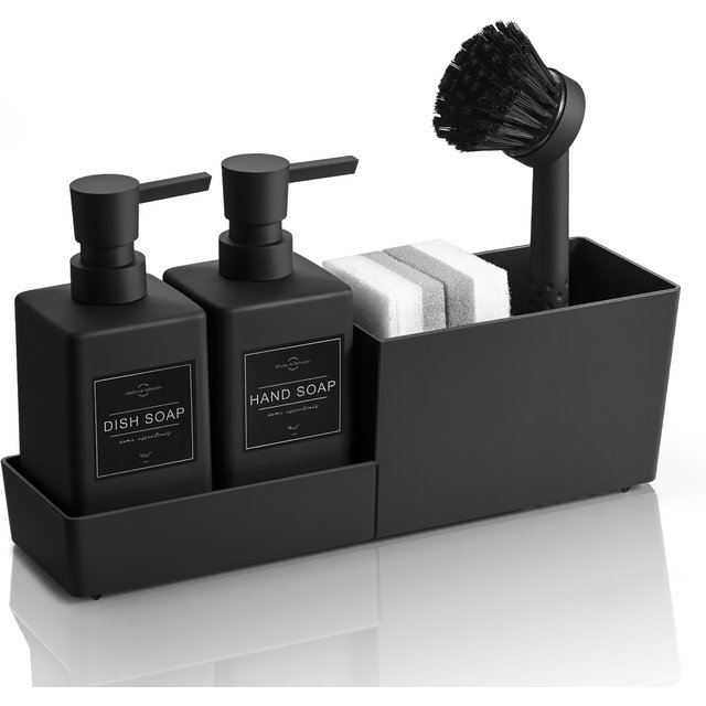 Kitchen Soap Dispenser Set with Sponge Holder and Brush for Sink Rack Hand Soap and Dish Soap Dispensers Black 4-in-1