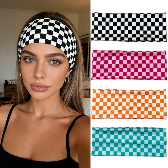 1PC Checkerboard Elastic Headbands for women Fashionable Sports Sweat-Absorbent Hairbands For Yoga Fitness & Daily Makeup Use