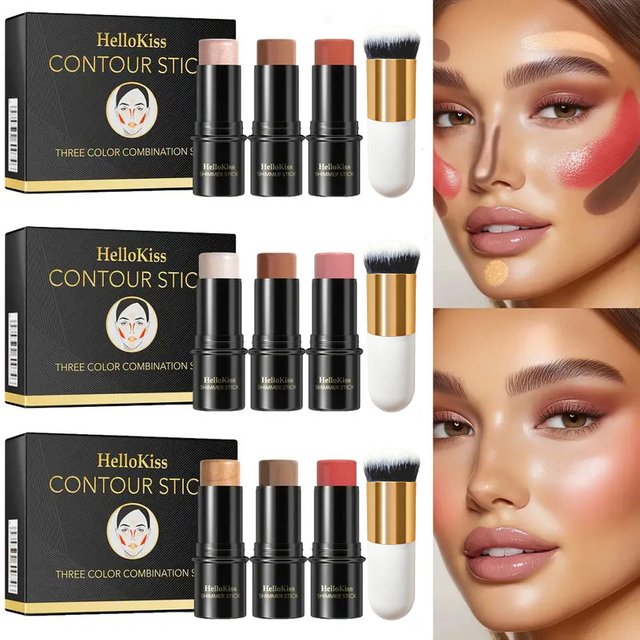 4pcs Blush & Highlighter Contour Stick with Brush - Waterproof, Long-Lasting, Multi-Function Makeup for Blush, Dark Circles.