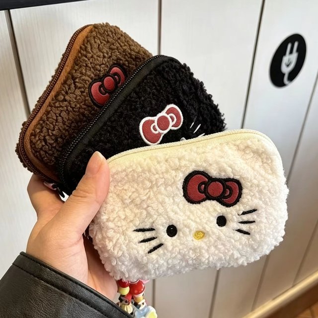 New Lamb Wool Embroidered Hello Kitty Bag Storage Bag Coin Purse Makeup Bag Cute Aunt Scarf Bag Gift for Girlfriend's Birthday