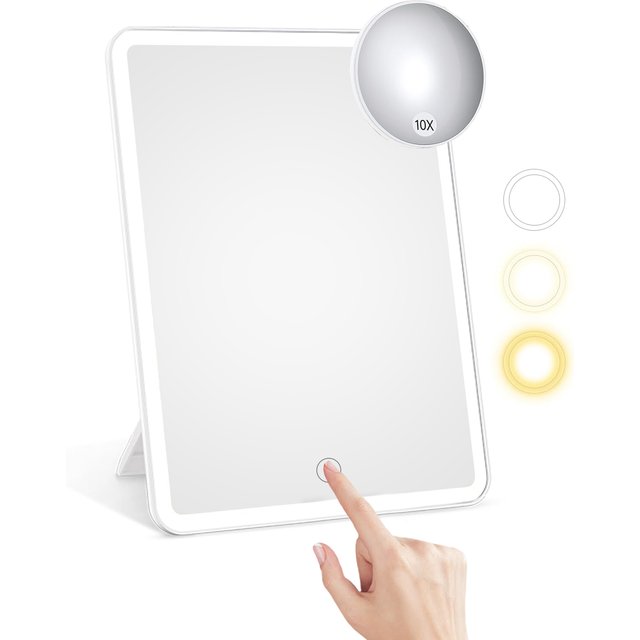 Rotating LED Makeup Mirror with 10X Magnifying, Portable Cosmetic Vanity Mirror for Desk Lighted Compact Travel Mirror for Gifts