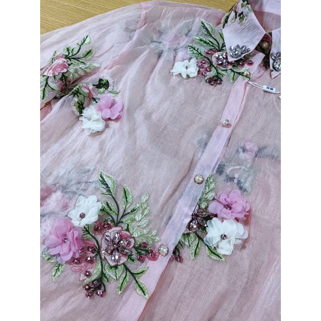 Real Photo Embroidery Diamonds Stitch Pink Sunscreen Blouses Shirts for women 2025 Spring Summer Tops Camisas De Mujer
