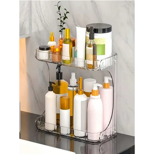 2-Tier Transparent Plastic Desktop Cosmetic Storage Box with 2-Tier Shelves & 4-Wheel Base - Space-Saving Organizer Tray, Freest