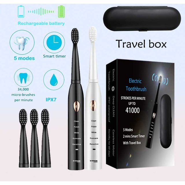 Sonic Electric Toothbrush For Adult Black White Whitening Timer Soft Hair IPX7 Waterproof 5-gear Mode USB Charging Teeth Brush