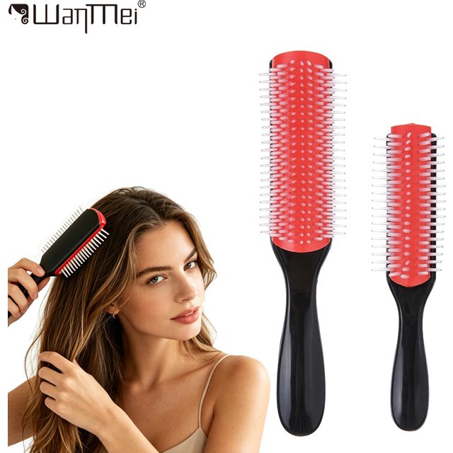 9-Rows Nylon Bristle Cushion Hair Brush Detangler for Wet Dry Curly Hair Professional Hair Defining Separating Styling Tool
