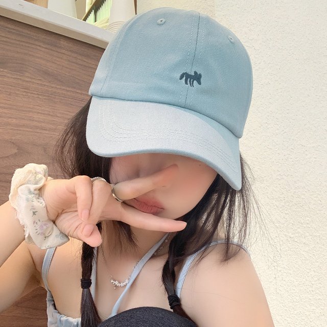 Muji Little Fox Embroidered Baseball Cap for women, Summer Sunshade Sunscreen Hat, Deepened Wide Brim, Blue Denim Duckbill Cap