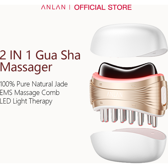 ANLAN 2 In 1 Gua Sha Massager Natural Jade Massage Head 3-Color LED Skincare Microcurrent Scalp Care Vibration Massage Comb