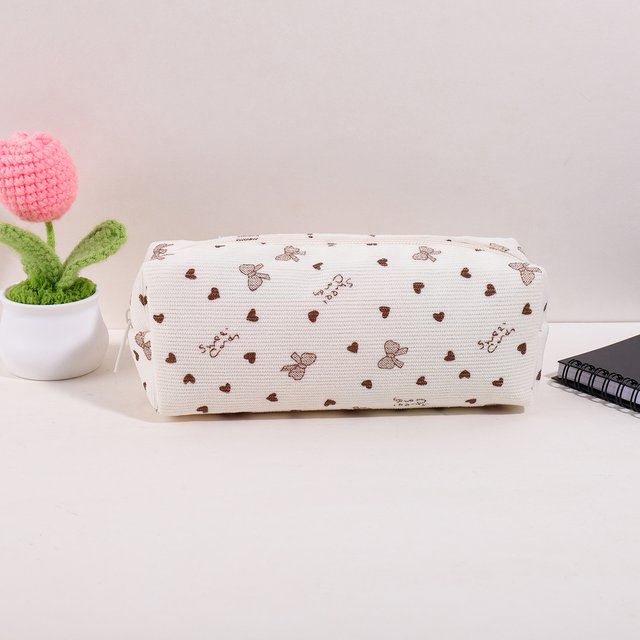 Corduroy Pencil Case, Cute Bow & Heart Printed Pen Bag, Zipper Stationery Pouch for Students, Makeup Organizer for women Girls