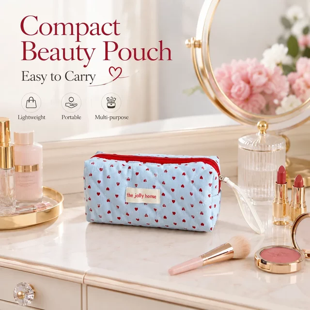 Blue Heart High Beauty Makeup Pouch, Large Capacity Portable Cosmetic Storage, Handheld Bag for women