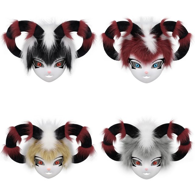Faux Fur Animal Fox Cow Horn Face Mask for Masquerade Party Cosplay Costume Accessory