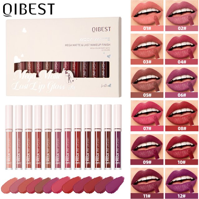 QIBEST 12 Colors Matte Lipgloss Kits Waterproof Long Lasting Liquid Lipstick Nude Purple Lip Mud Cosmetics Sets Lip Glaze Tint