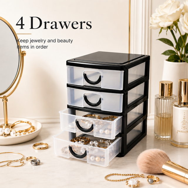 Mini 4 Drawer Storage Box Desktop Jewelry Organizer Transparent Small Parts Cosmetic Container for Bedroom Office Desk Vanity