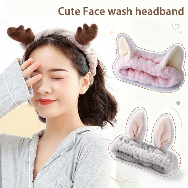Cute Plush Animal Ear Headband Soft Elastic Face Wash Headband Women Spa Skincare Makeup Hair Accessories