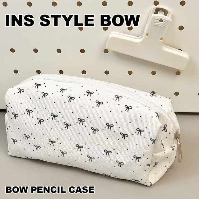 storage pouch black white bow patterned pencil bag large capacity organizer hold stationery and cosmetics for classroom daily