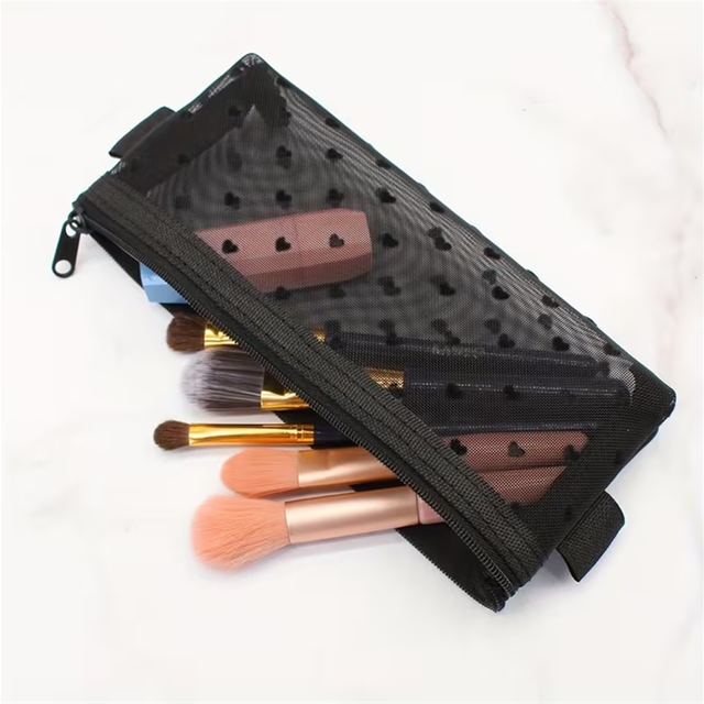 Clear Mesh Makeup Brushes Storage Bag Durable Cosmetic Tools Case with Zipper Closure Heart-Shaped Makeup Tools Storage Pouch