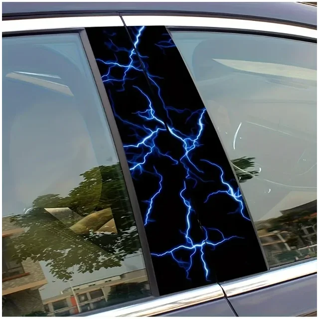 2-Piece Set - Waterproof Sunscreen Car B-Pillar Sticker --- Durable Vinyl Material D Blue Lightning Pattern