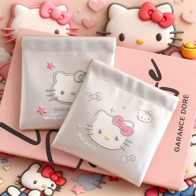 Sanrio Hello Kitty Silver PU Waterproof Mini Coin Purse Squeeze-Top Pouch Earphone Cable Organizer Portable Makeup Bag
