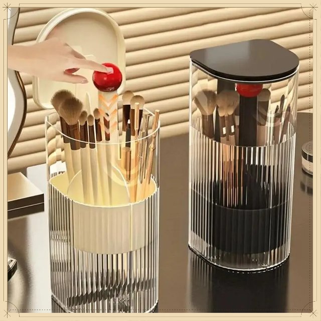 Automatic Lifting Makeup Brush Holder Dustproof Lid Cosmetic Storage Box for Brushes Lipsticks Desktop Vanity Makeup Organizer