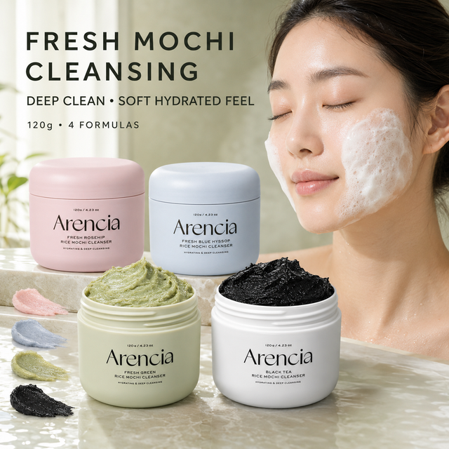 Arencia Fresh Green/Rosehip/Blue Hyssop/Black Tea Rice Mochi Cleanser, Gentle Exfoliating Foam for Sensitive, Dry, Rough Skin