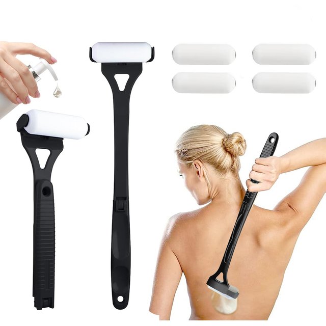 Portable Lotion Applicator Sunscreen Tanning Stick with Long Handle Foldable Back Applicator Replacement Heads