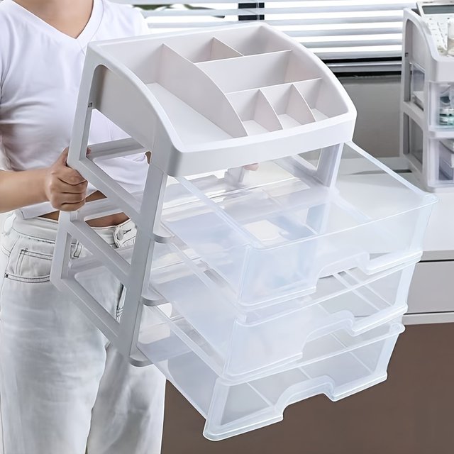 Multi-Layer Office Desktop Storage Box Cosmetic Organizer with Drawers - Transparent Storage Box for Makeup File