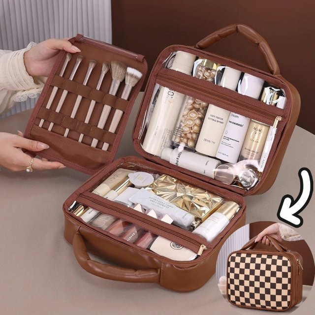 Luxury Checkered Cosmetic Bag for women Large Capacity Waterproof Makeup Toiletry Bag Brown Melard Travel Wash Storage Bag