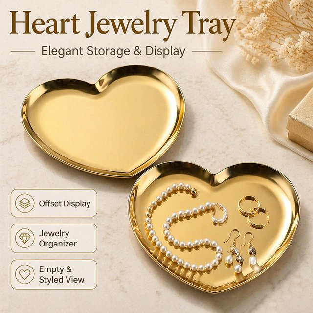 Heart Shape Stainless Steel Jewelry Tray Gloss Metal Cosmetic Trinket Storage Dish Decorative Organizer Plate for Bedroom Vanity