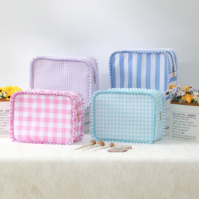 3pcs Makeup Bags Women Polyester Grid Printing With Lace Square Protable Travel Storage Bag With Lace