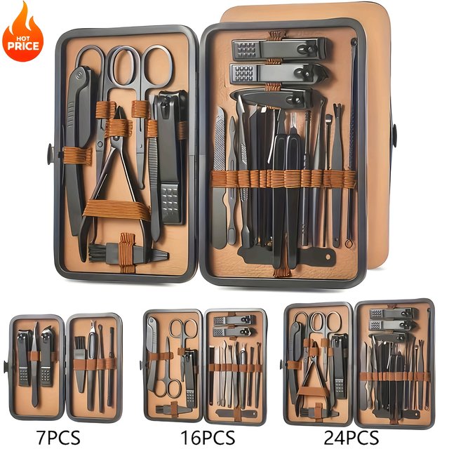 Brown nail care set-stainless steel manicure and pedicure tools exquisite storage boxes, suitable for comprehensive hand