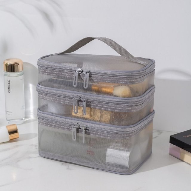 Fashion Transparent Mesh Travel Cosmetic Bag Storage 1/2/3 layer Toiletry Bag Large Capacity Make Up Organizer Bag Women's