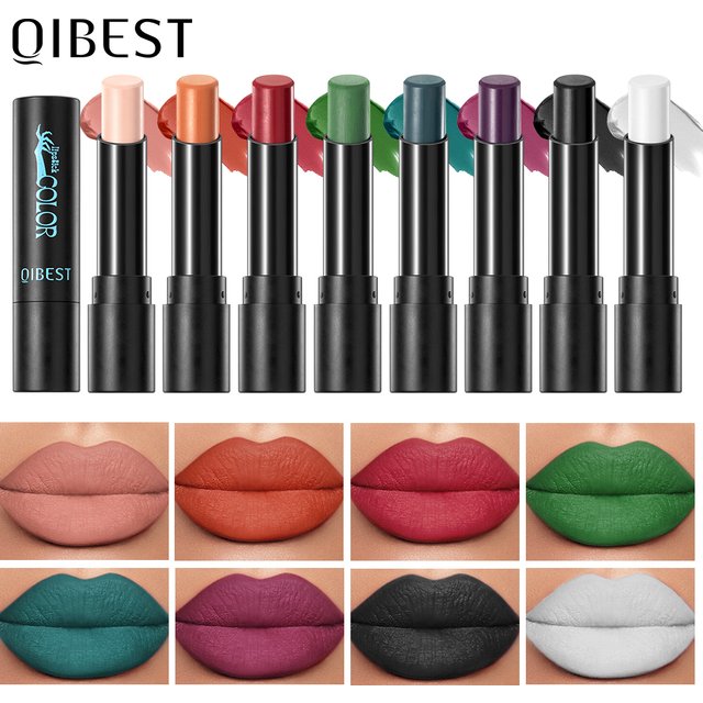 QIBEST Nude Velvet Matte Lipstick Long-lasting Highly Pigmented Lip Tint Not Stick Cups Red Green Orange Black White Lip Stain