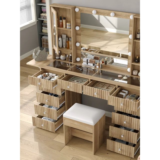 55"W Modern Makeup Vanity Table Set, LED Lighted Mirror with 3 Dimmable Brightness Modes, Multi-Drawer & Open Storage Shelves, Scratch-Resistant Clear Tempered Glass Top with USB Charging Port