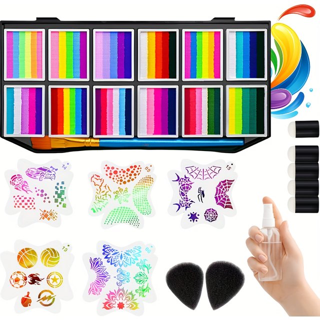 12 Color Rainbow Face & Body Paint Palette Kit with PVC Stencils Water Activated Makeup Art Set for Halloween Party Festival DIY