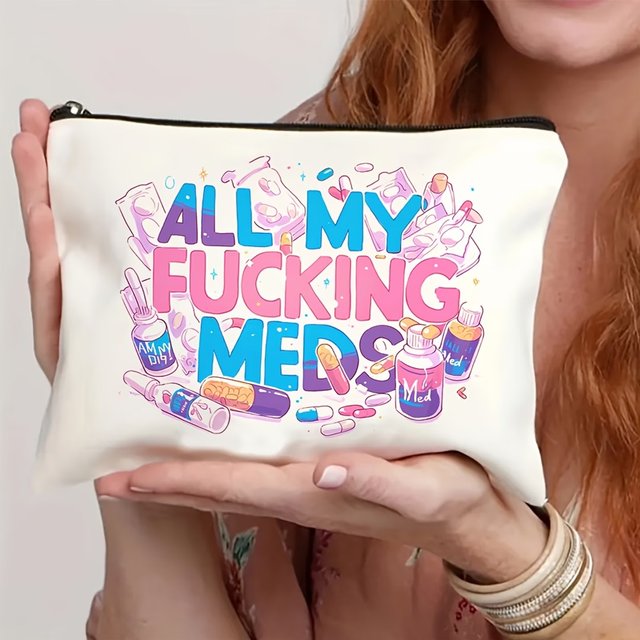 All-In-One Medicine Bag “All My Meds” - Reusable Travel Cosmetics and Pill Organizer, Hypoallergenic, Beige - Perfect Gift for women, Sisters, Daughters on Birthdays and Christmas