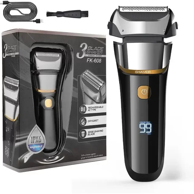 FK608 Men's Electric Shaver 3-Blade Razor Sideburn Trimmer Electric Reciprocating Shaver Beard Trimmer with Smart Display