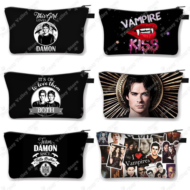 The Vampire Diaries Cosmetic Case DAMON Women Makeup Bag TVD Lipstick Storage Bags Harajuku Zipper Pouch Cute Toiletry Bags