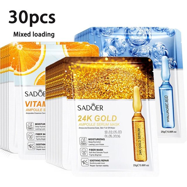 30/15pcs SADOER 24K Gold Vitamin C Hyaluronic Acid Facial Masks Face Moisturizing Firming Hydrating Face Mask Facial Skin Care