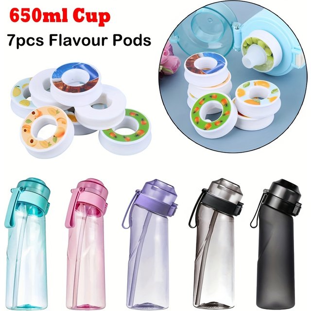Bouteille d'eau sport sans BPA 650 ml avec parfum de fruits et 7 capsules aromatisées – Vaisselle d'extérieur