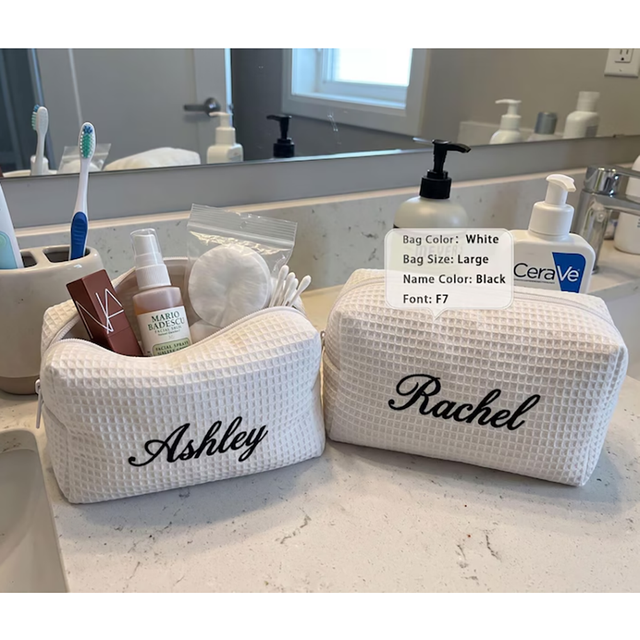 Waffle Cosmetic Bag Personalized Bridesmaid Makeup Bag Bridal Shower Gift Monogram Toiletry Gift for Her Team Bride Travel Bag