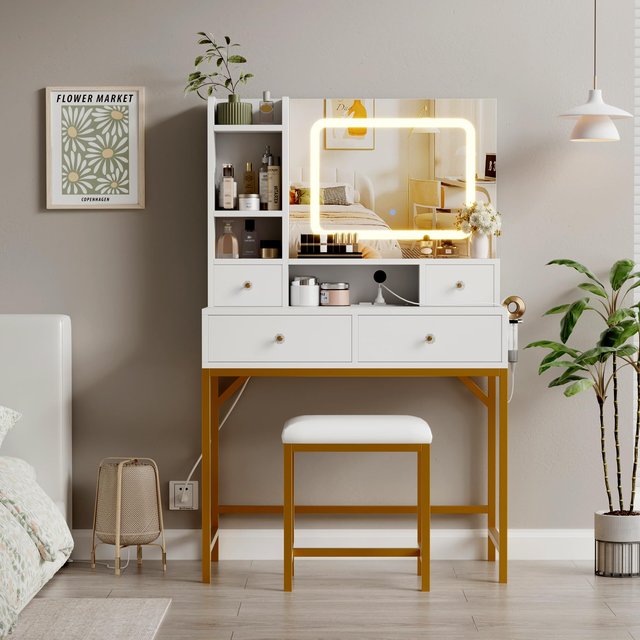 Dressing Table With LED Mirror And Power Outlet Vanity Desk With Cushioned Stool 4 Drawers And Storage Shelves Makeup Table And Chair For Bedroom Or Dressing Room