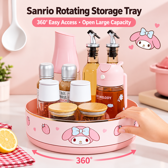 Sanrio My Melody 360 Rotating Storage Tray Vanity Cosmetic Storage Tray Kitchen Spice Storage Tray Desktop Stationery Organizer